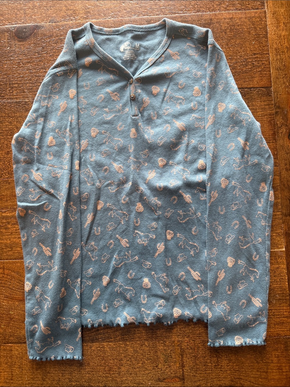 Bass Pro Shops Blue Long Sleeve Henley Top with Pink Western Motif